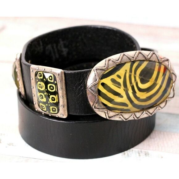 VINTAGE BLACK GENUINE LEATHER 1.25"Wd HOOK BUCKLE CASUAL WOMEN'S BELT Sz M (G74 - Picture 7 of 12